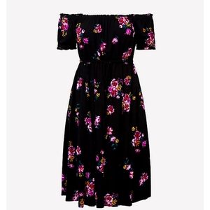 Size 2 BLACK FLORAL CHALLIS OFF SHOULDER MIDI DRESS